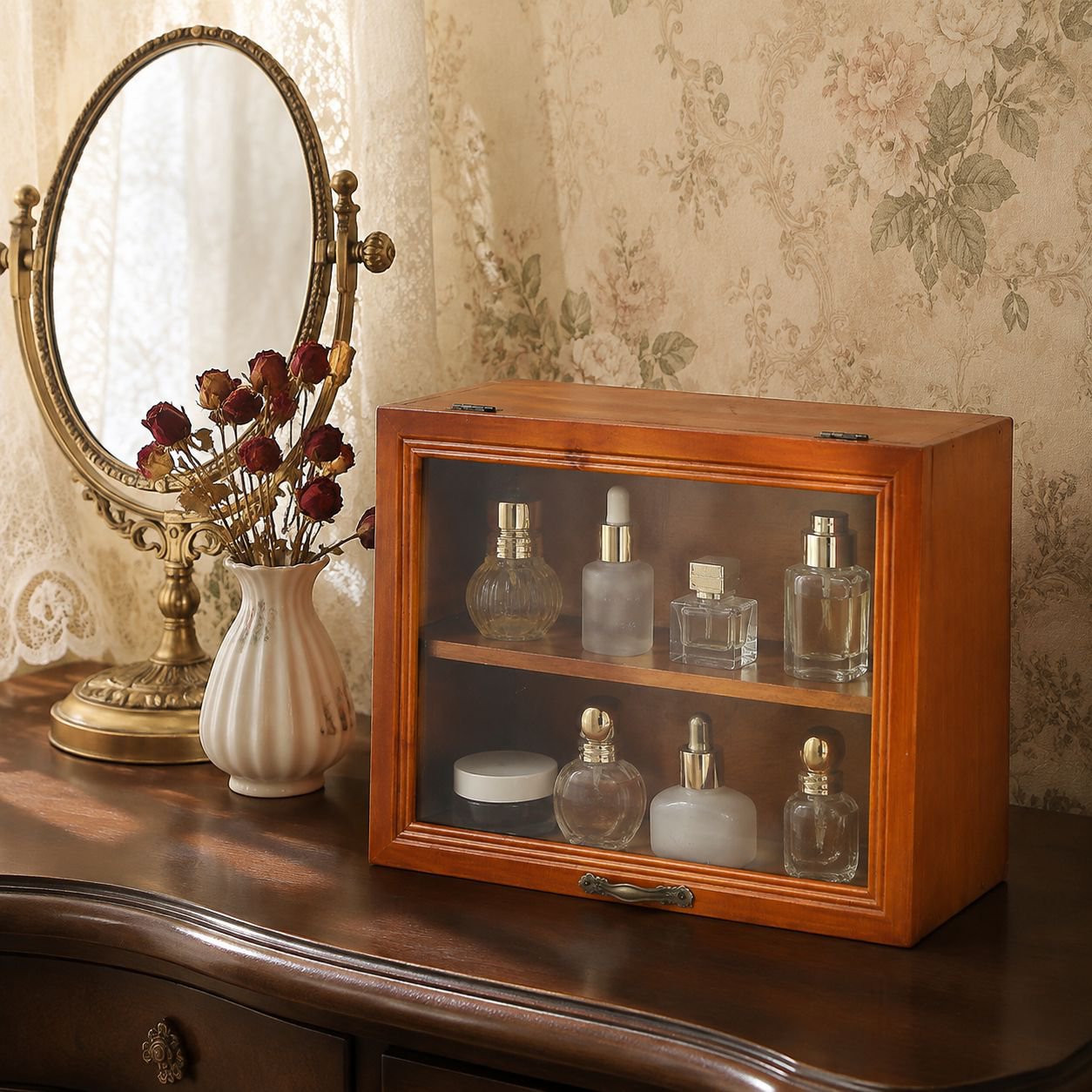 Dustproof Glass Door Two-tier Retro Wooden Cosmetics Storage Display Box