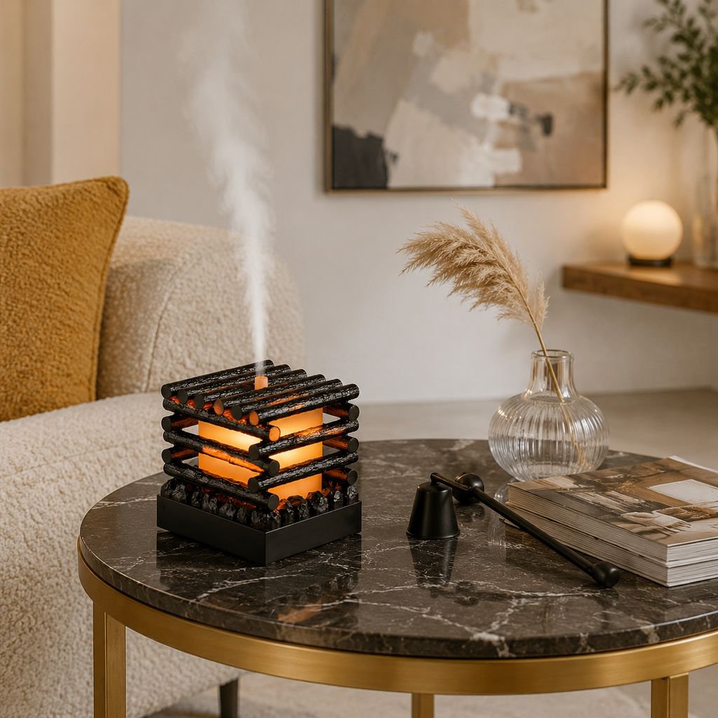 Aroma diffuser with flame light effect and wooden texture