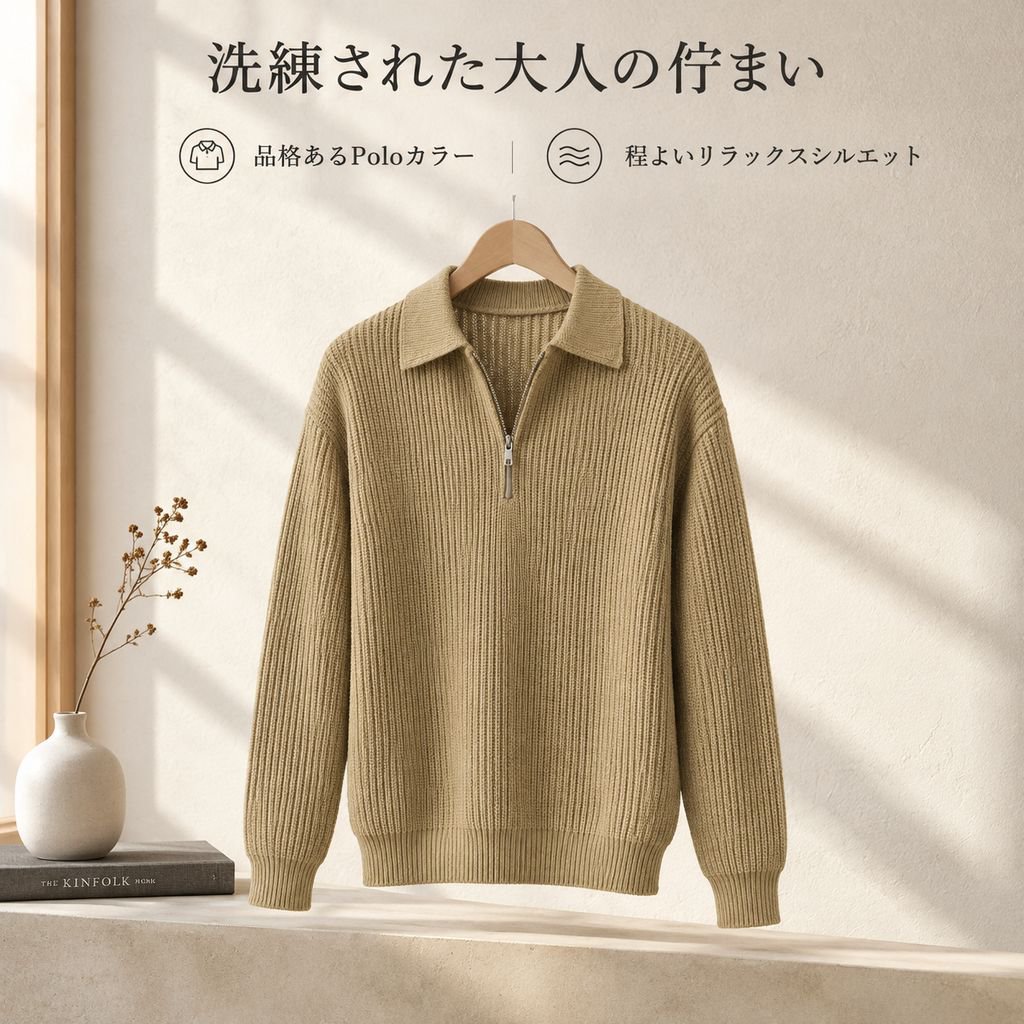 メンズ ハーフジップ ニットセーター 秋冬 厚手 ゆったり ポロ襟 レトロ プルオーバー