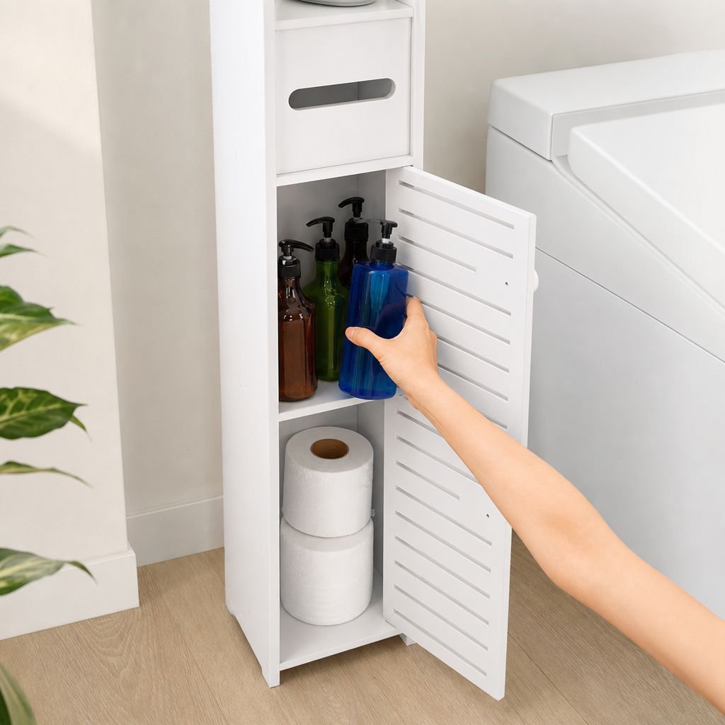 Movable toilet gap cabinet in modern bathroom