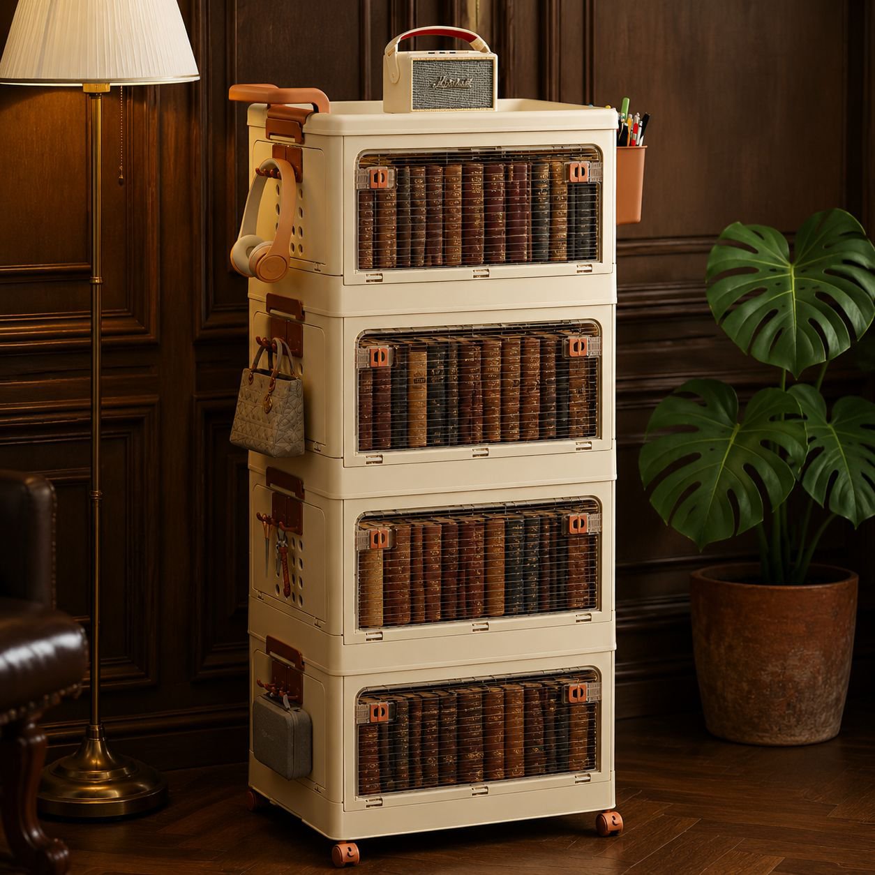 Portable children's snack trolley organizer in living room