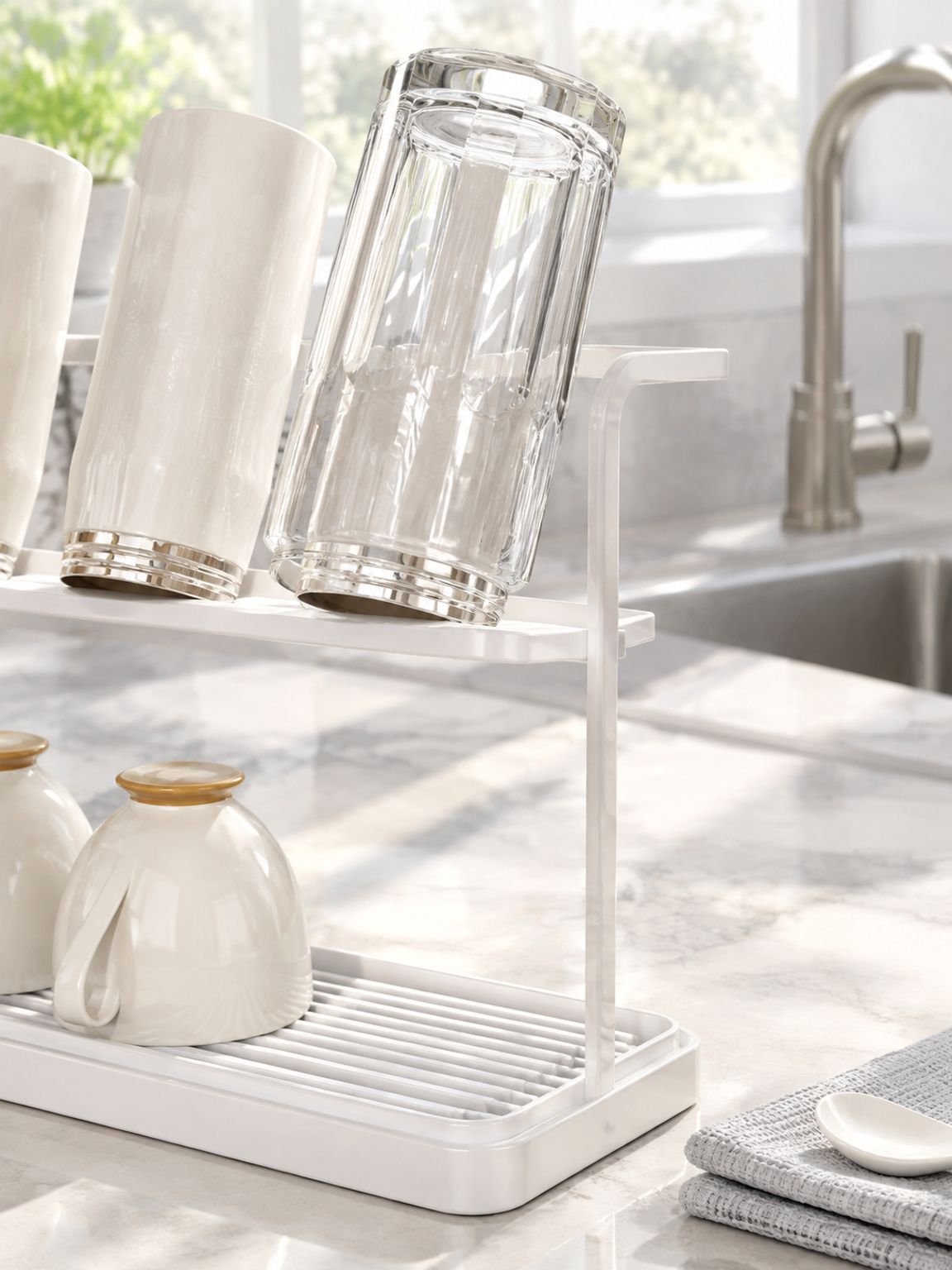 Space-saving cup drying rack holding inverted mugs and glasses