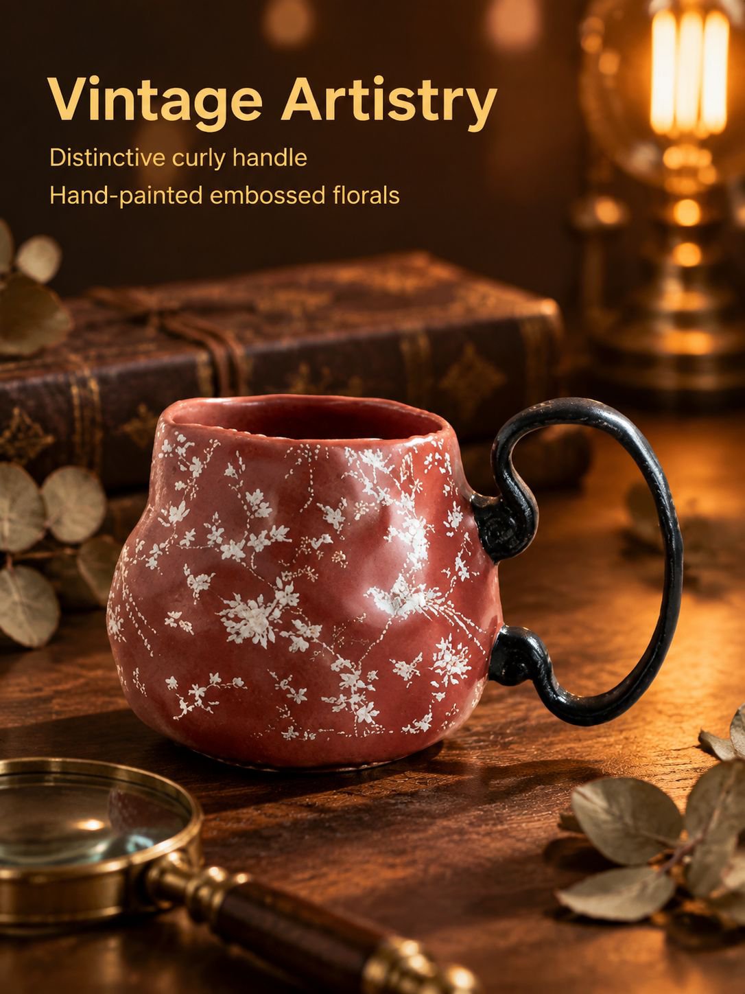 Close-up of the creative details on a vintage ceramic mug