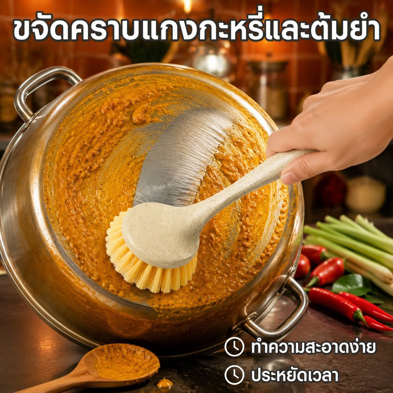 แปรงทำความสะอาดหม้อด้ามยาวอเนกประสงค์