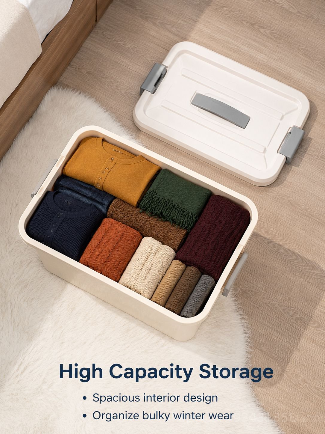Durable plastic storage box on wheels