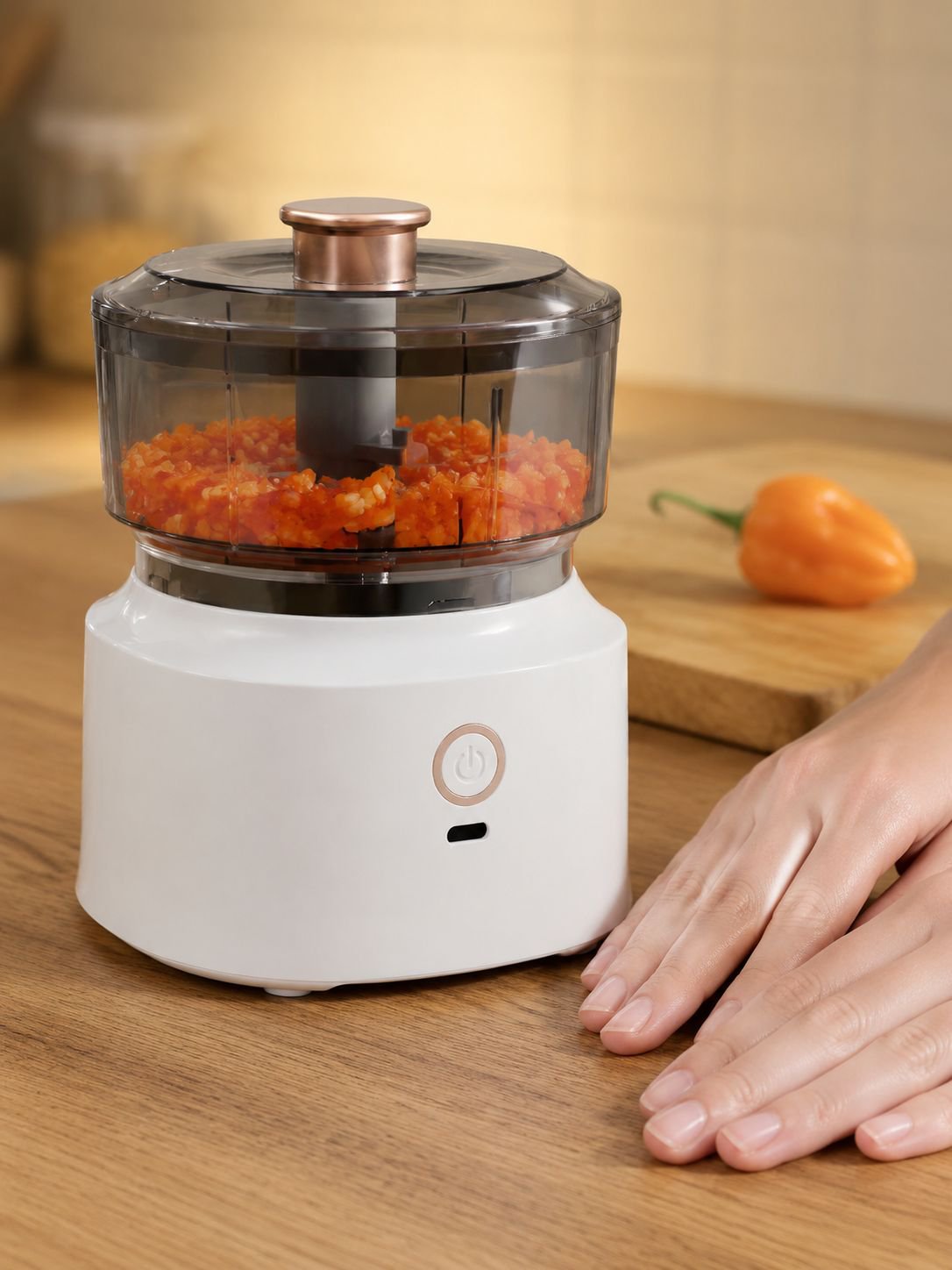 Procesador de alimentos picando verduras frescas