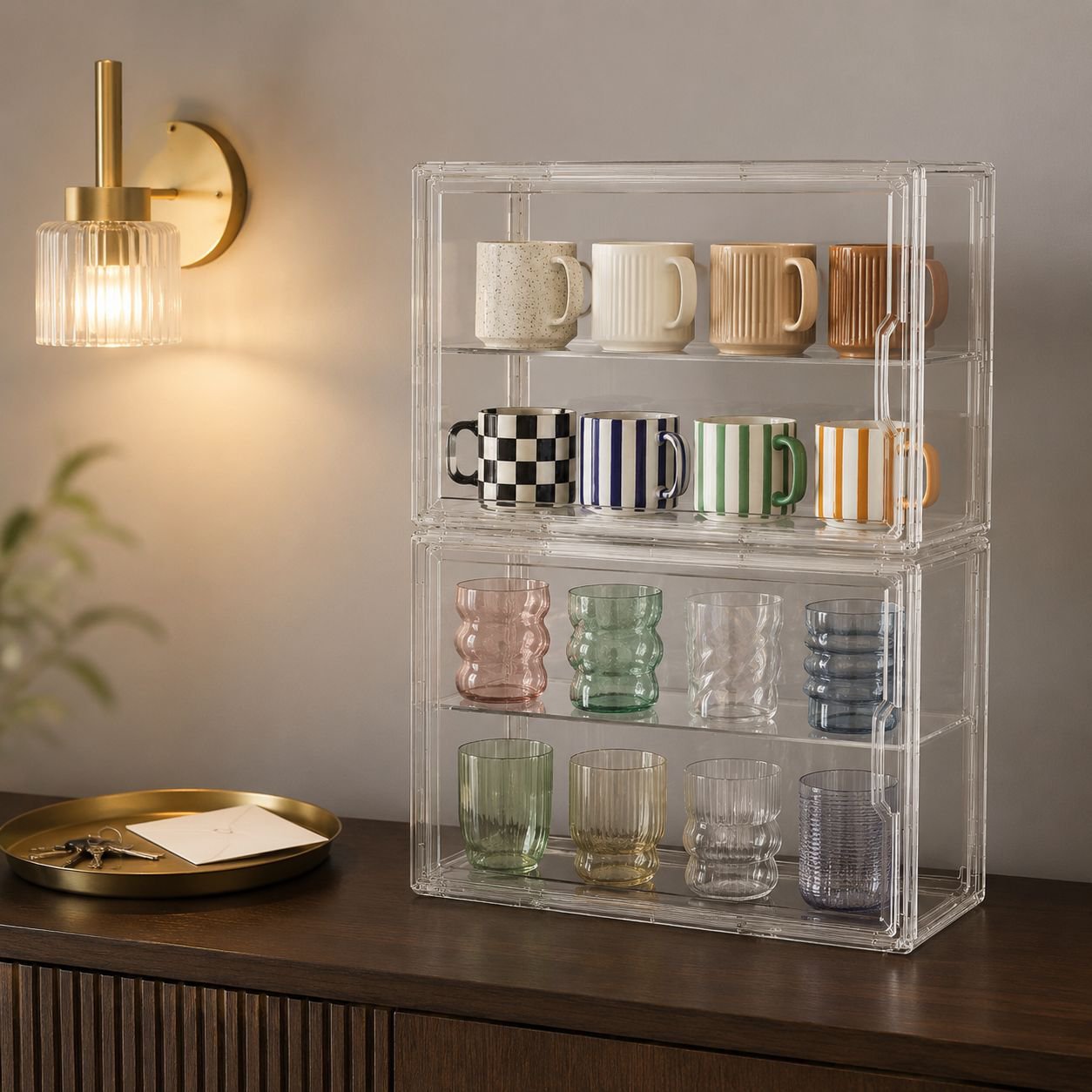 Sleek transparent cup rack for family use