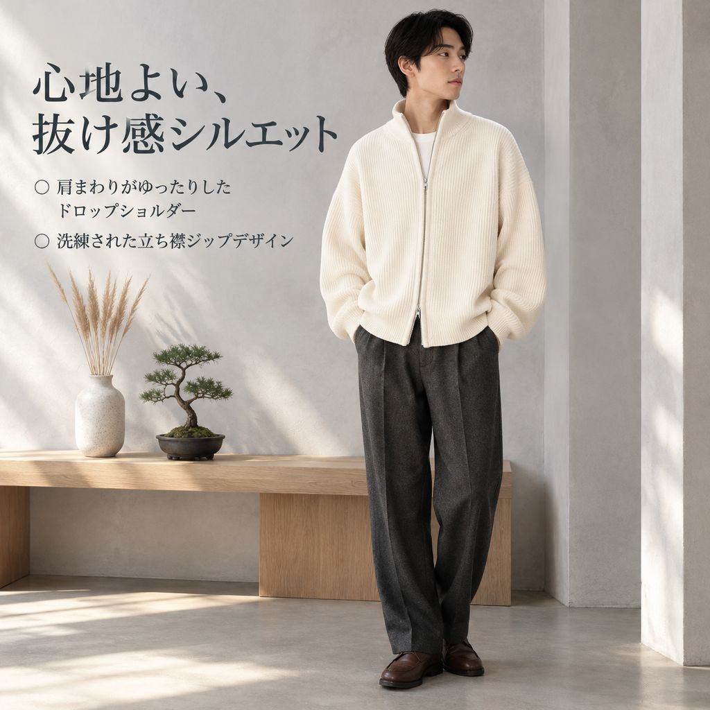 スタンドカラー ジップアップ ニットカーディガン メンズ 厚手 無地 ゆったり ハイネック セーター