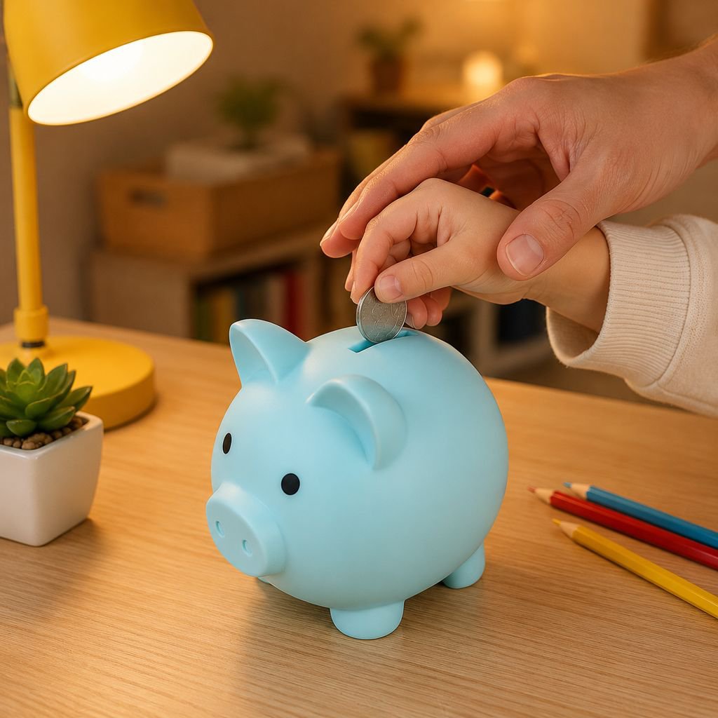 Kids Saving Money in Golden Piggy Bank