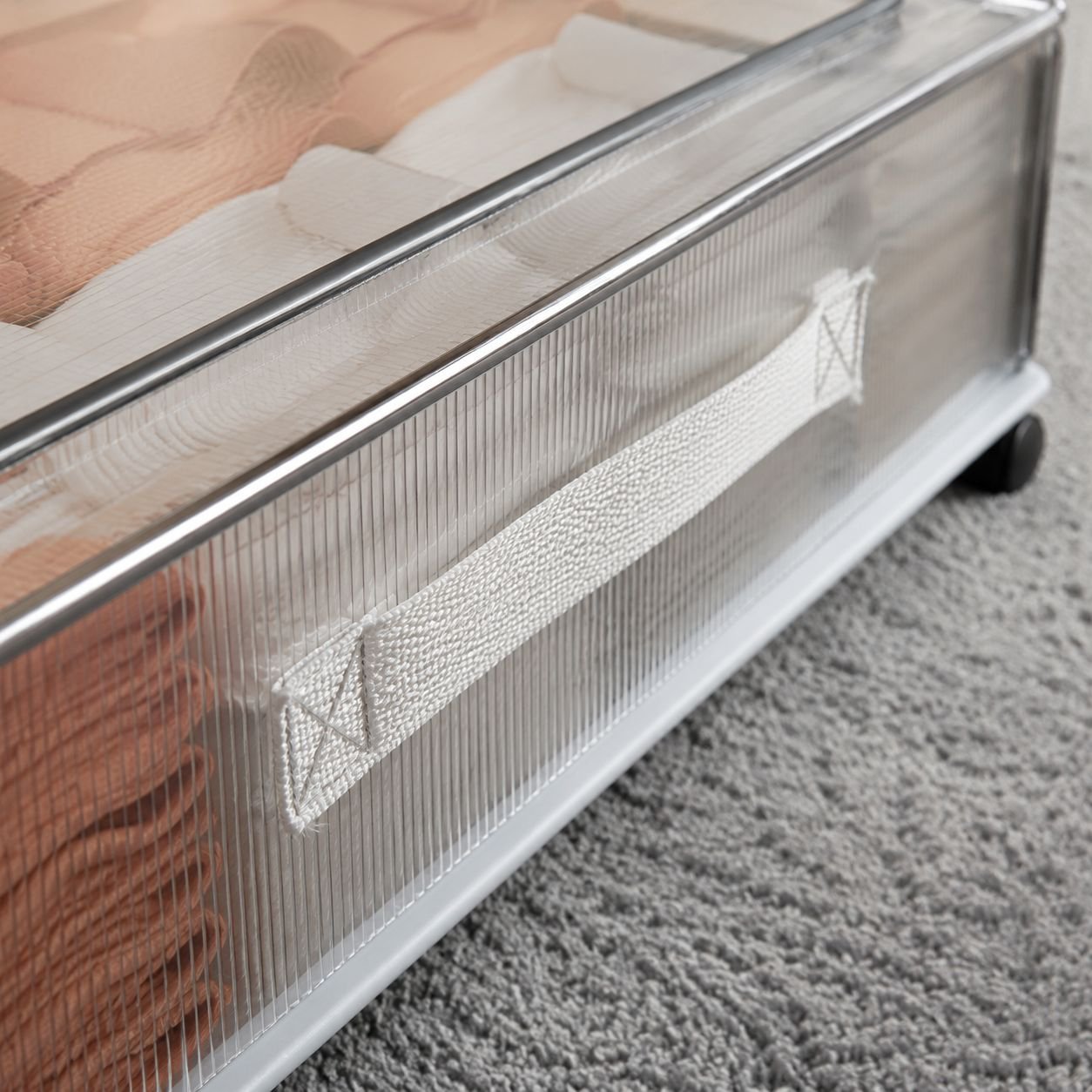 Clear plastic under bed storage bin with wheels