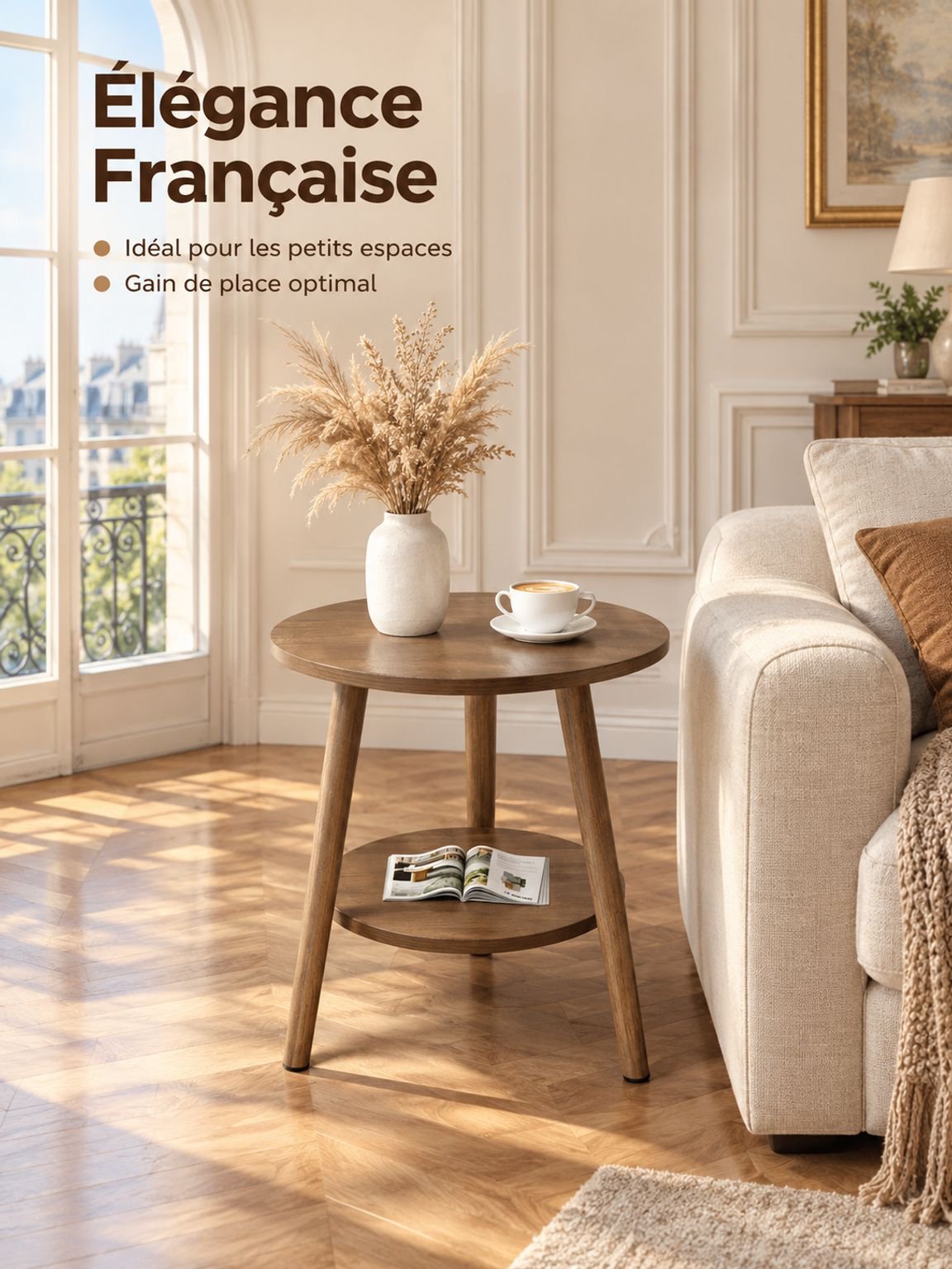 Petite table ronde d’appoint dans un salon