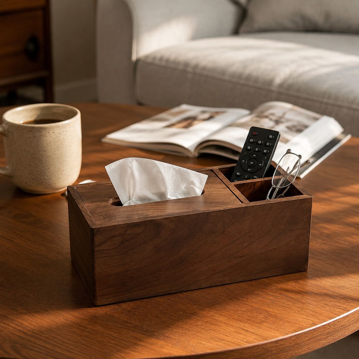 Solid Walnut Tissue Box Desktop Organizer for Living Room