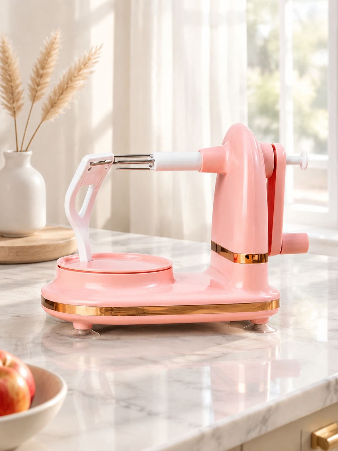 Hand Crank Apple Peeler with pink handle and sturdy design