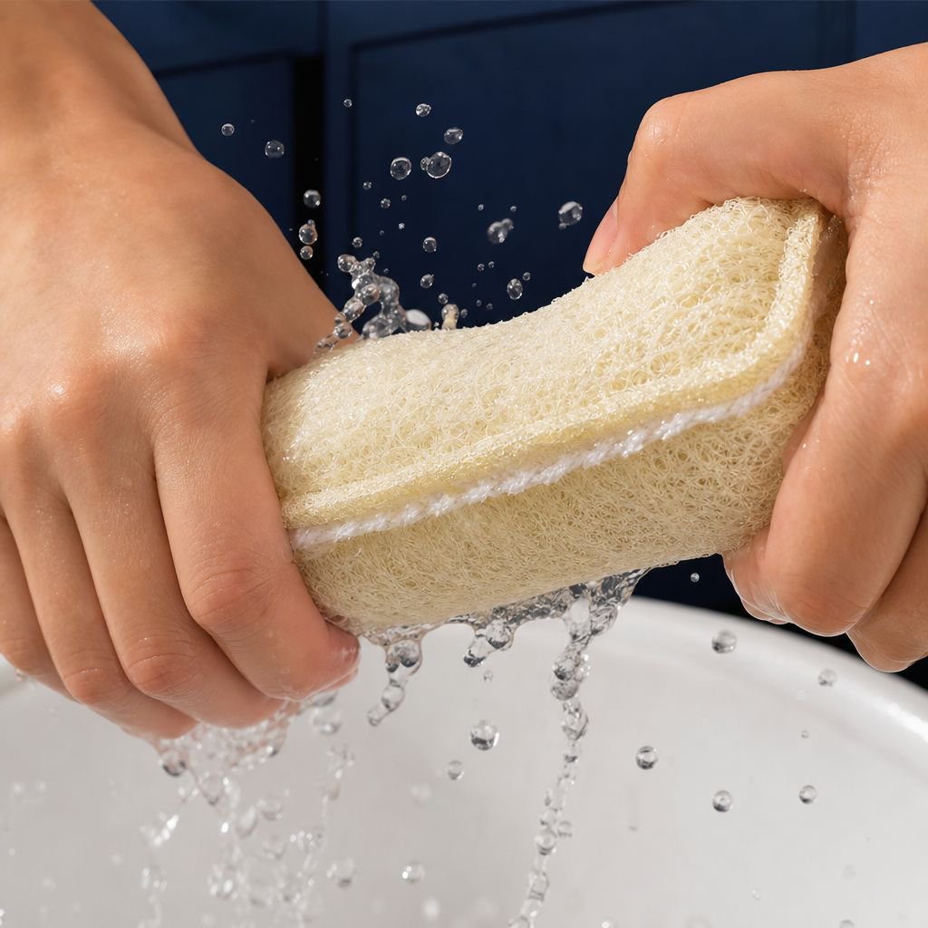 Close-up of wood pulp cellulose and loofah scrubber texture
