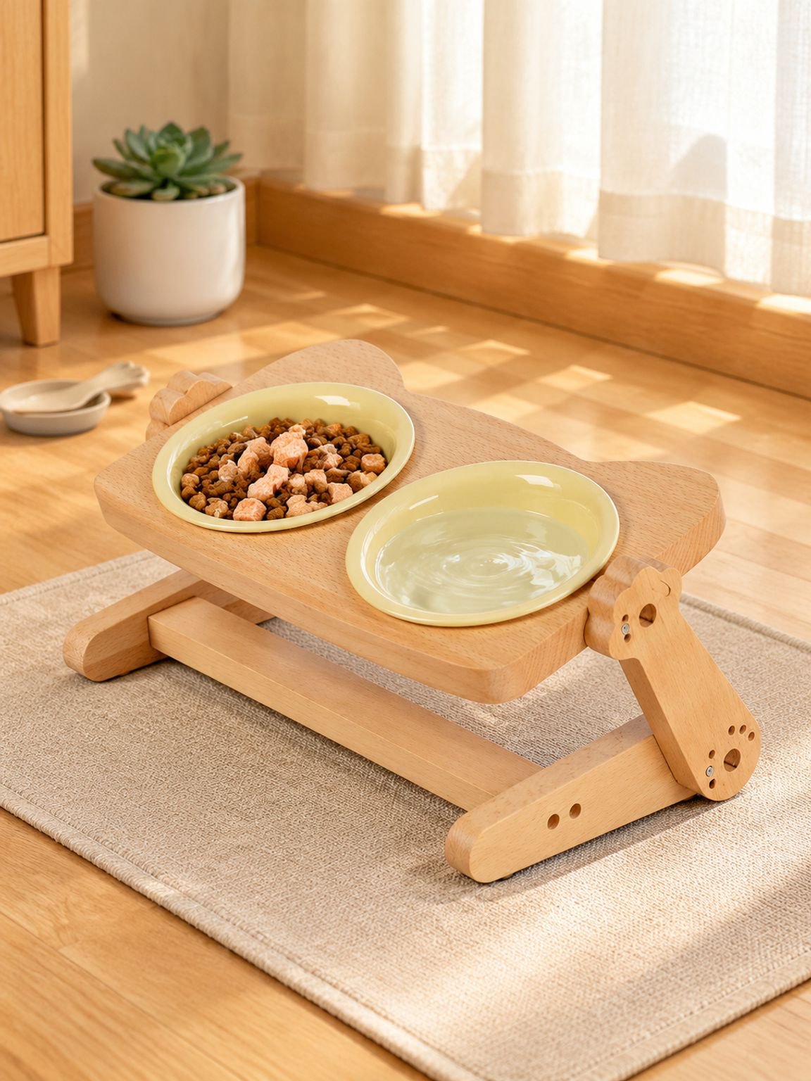 Elegante Katzenfutterstation mit robustem Holzständer und Keramikschale