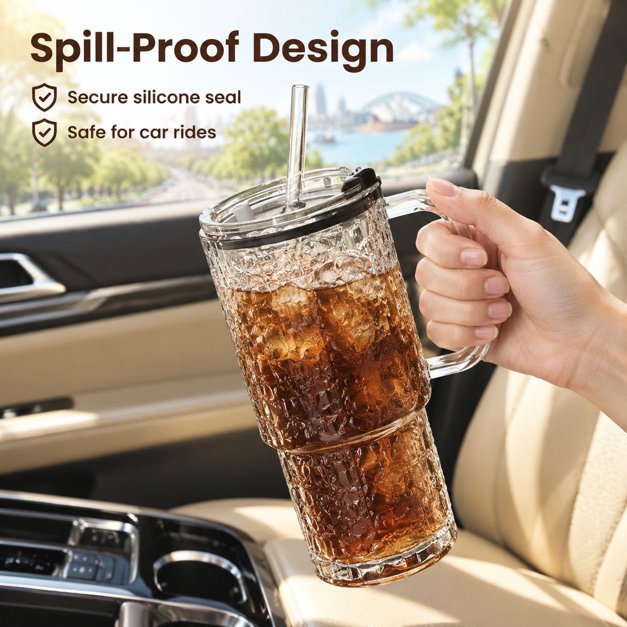 Portable Large Glass Cup with Straw and Handle