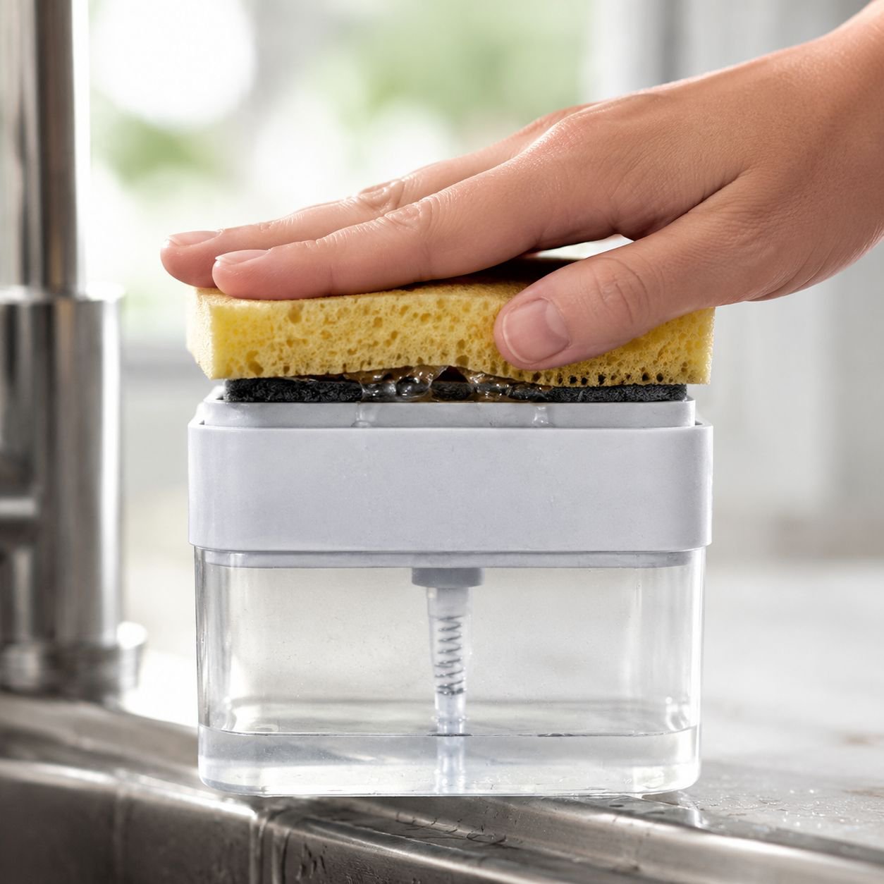 Hand pressing soap dispenser with included sponge