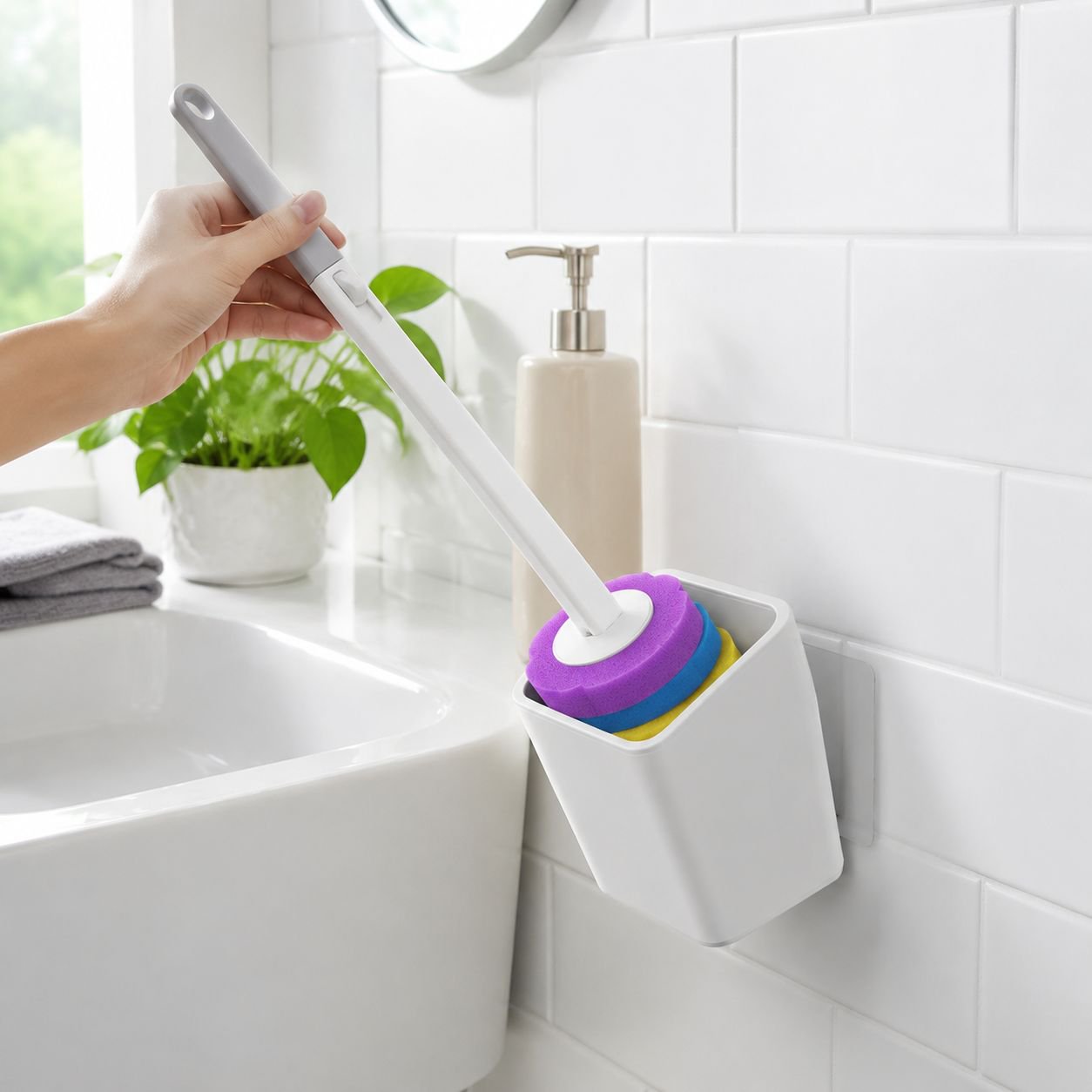 Powerful stain-removing toilet brush in action