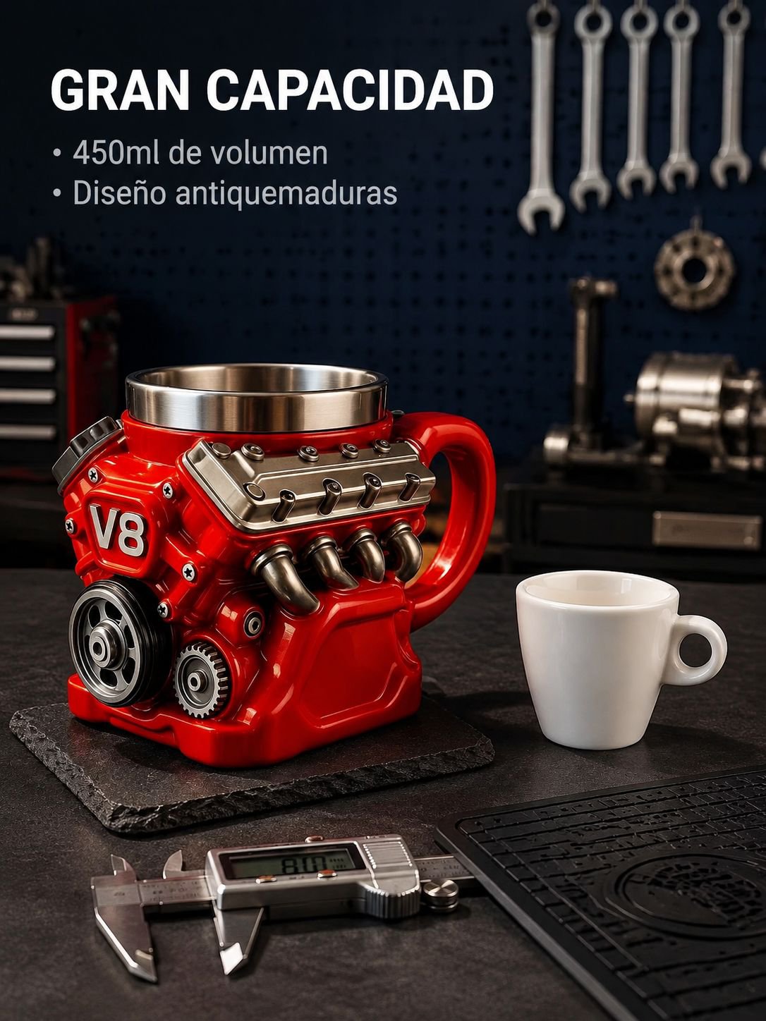 Taza decorativa con diseño de motor V8