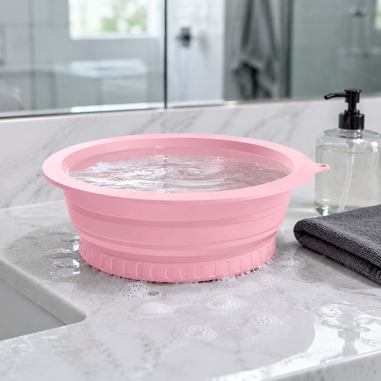 Collapsible silicone washbasin folded for easy storage