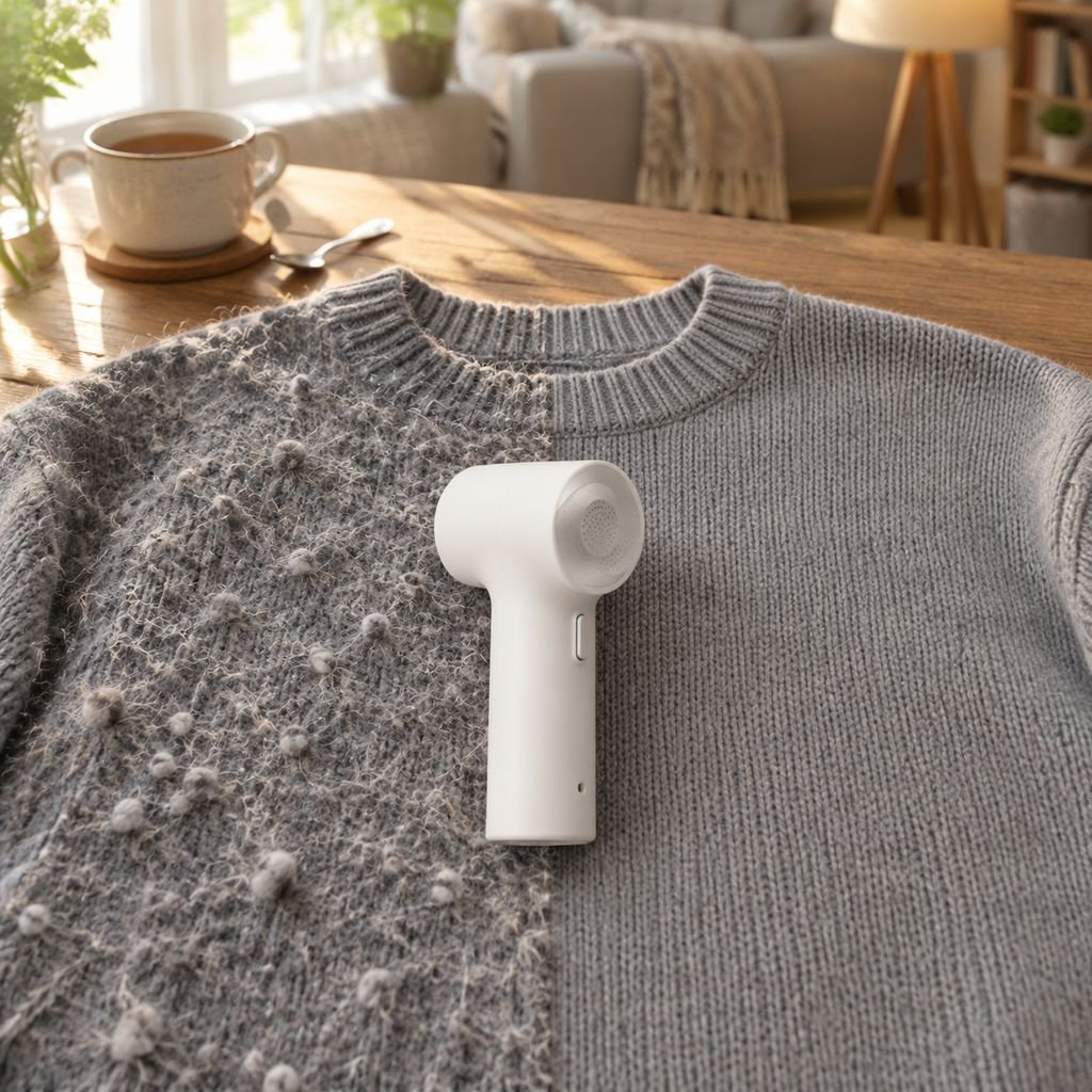 Close-up of fabric shaver efficiently removing lint and fuzz
