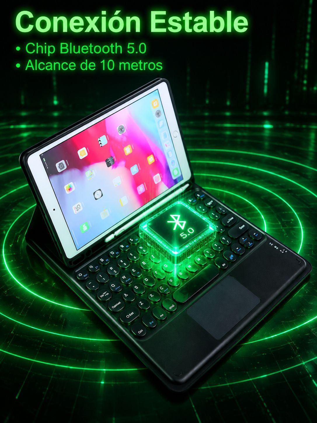 Vista lateral de la funda para tablet con teclado inalámbrico