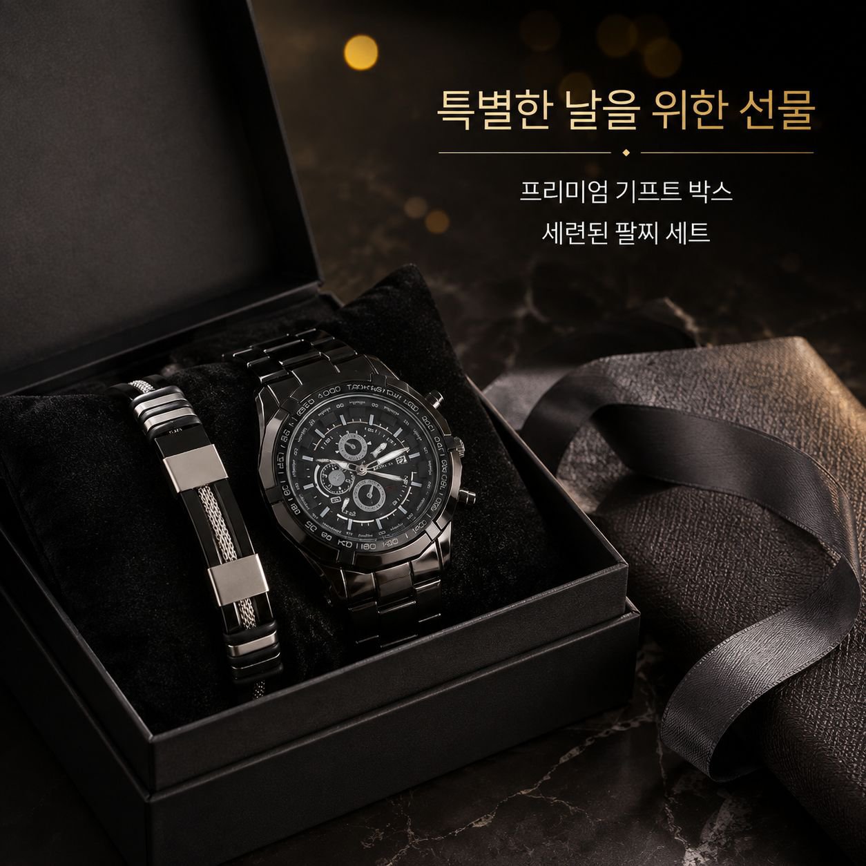남성용 패션 쓰리아이 캘린더 쿼츠 시계