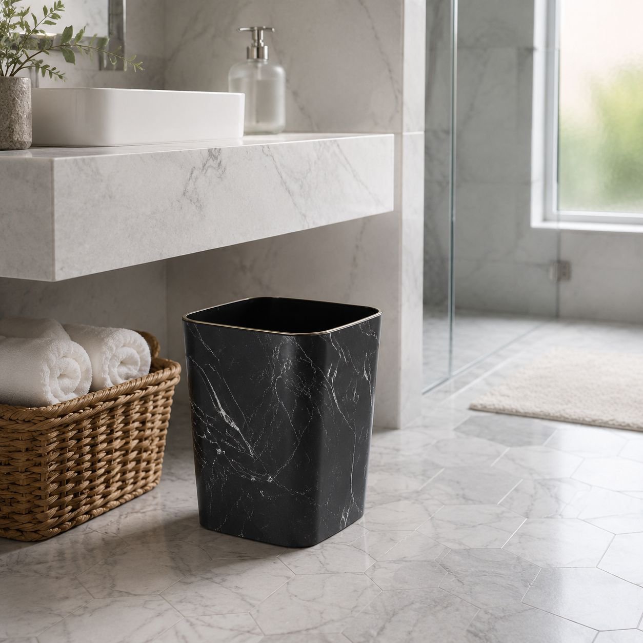 Stylish home trash bin with marble effect