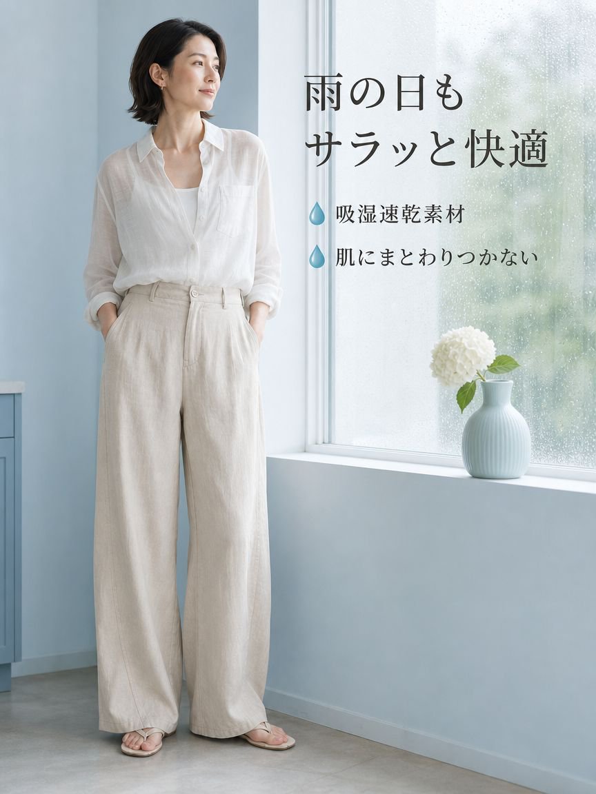 通気性に優れたロングパンツの生地アップ