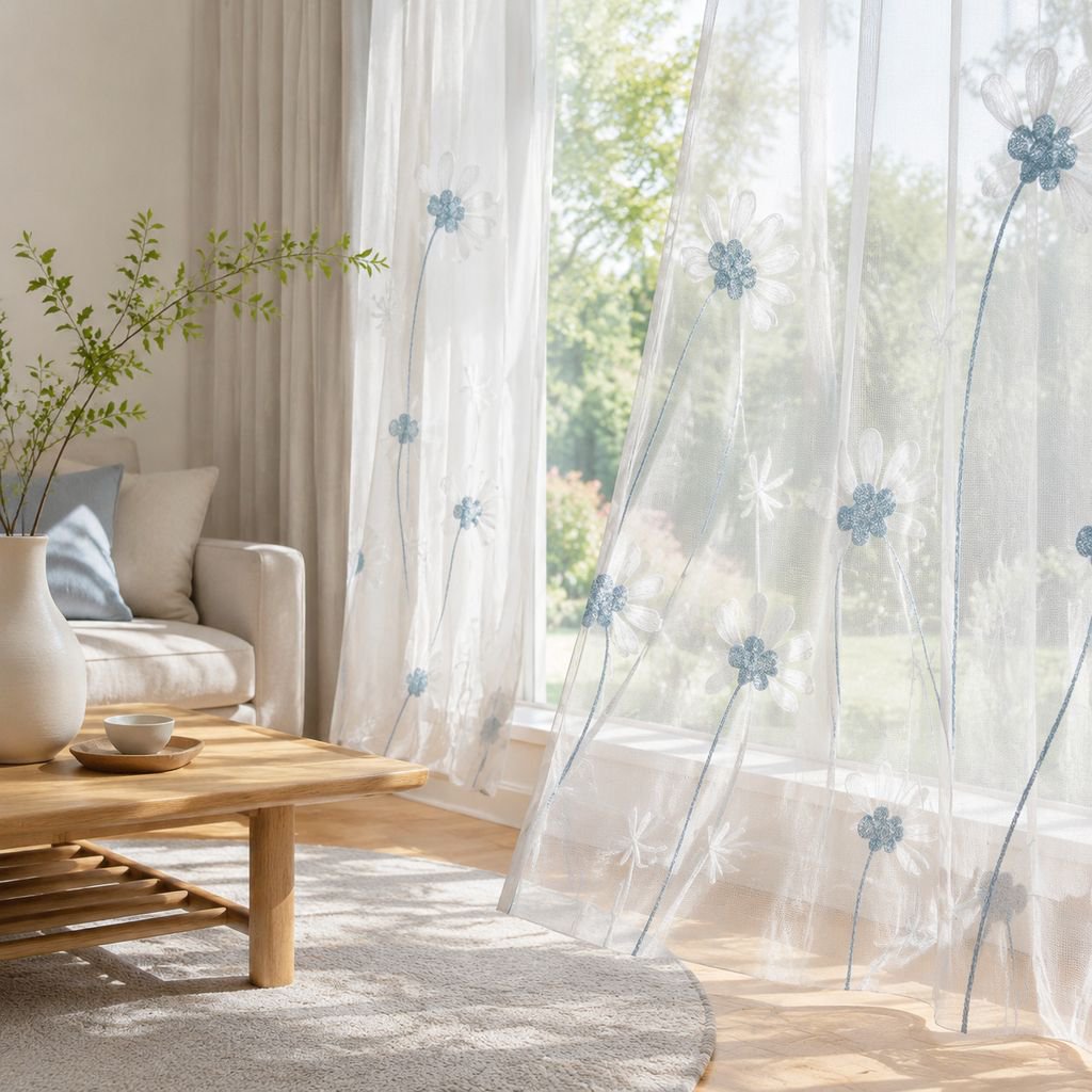 Transparenter Vorhang mit Chrysanthemenstickerei am Fenster