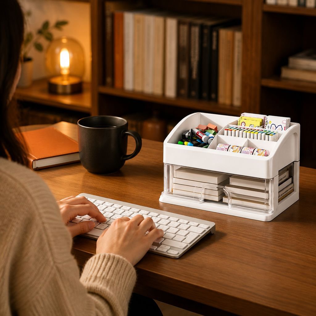 Caisson de bureau avec tiroirs ouverts pour rangement