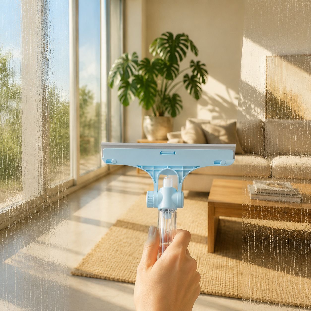 Uso fácil de la mopa ergonómica con spray en suelos de madera