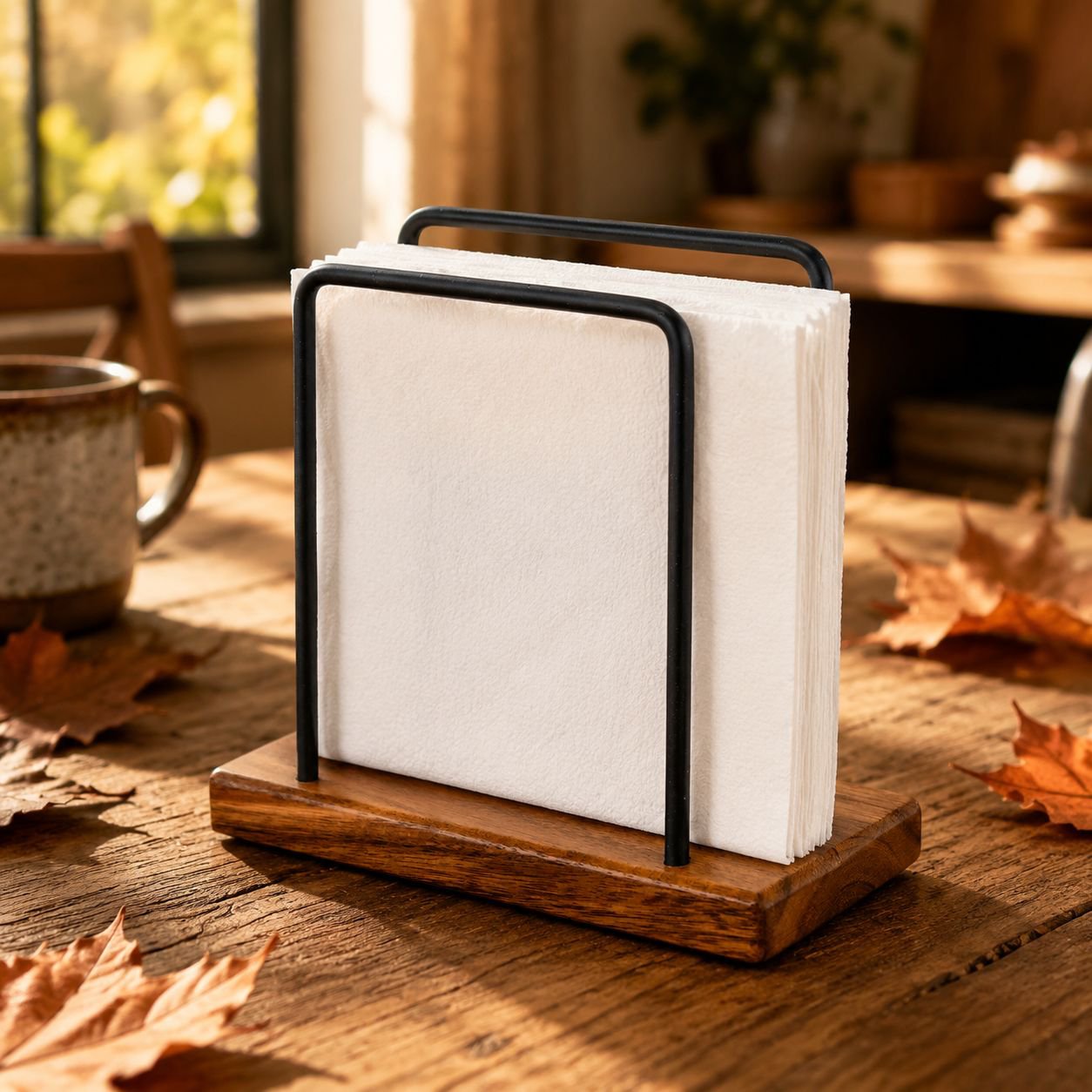 Porta servilletas vertical de madera y hierro en mesa de comedor