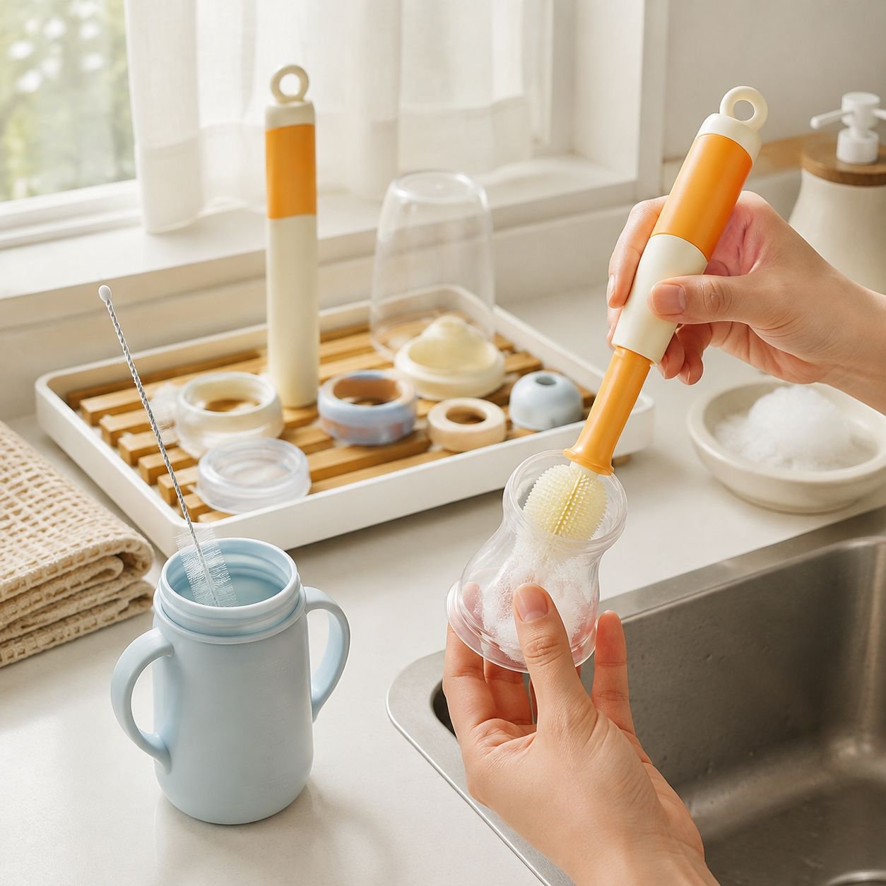 Cepillo de mango largo 6 en 1 para limpiar biberones, tazas y termos
