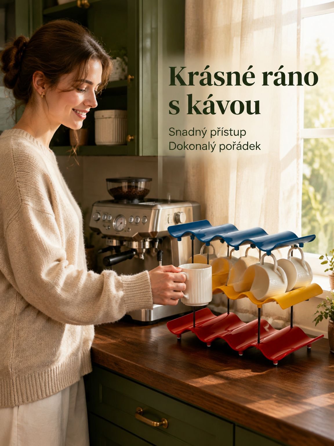 Vlnitý držák a úložný stojan na šálky v interiéru