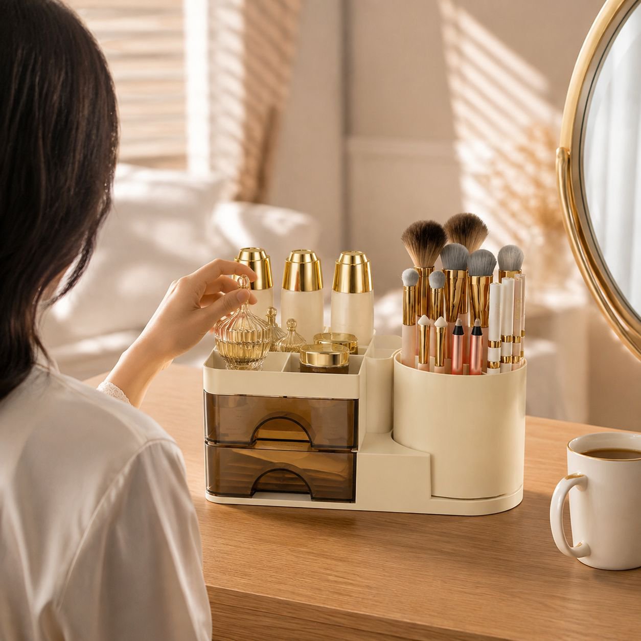 Desktop cosmetic storage box with rotating brush tube