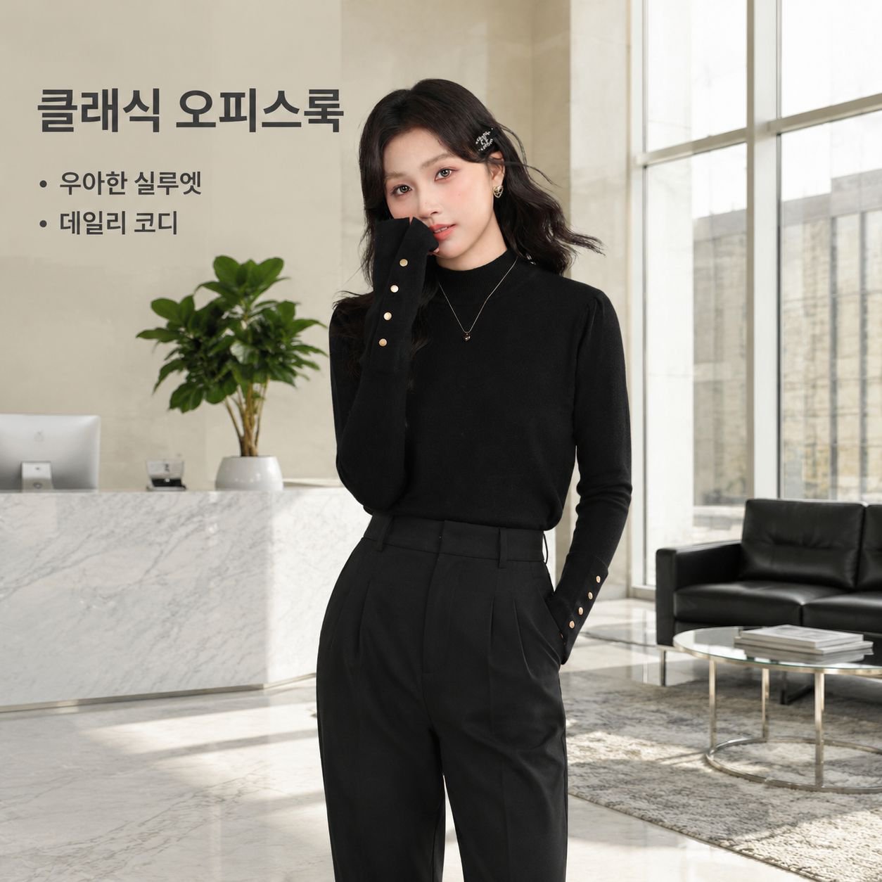 심플 프렌치 그레이 여성 반터틀넥 니트 이너