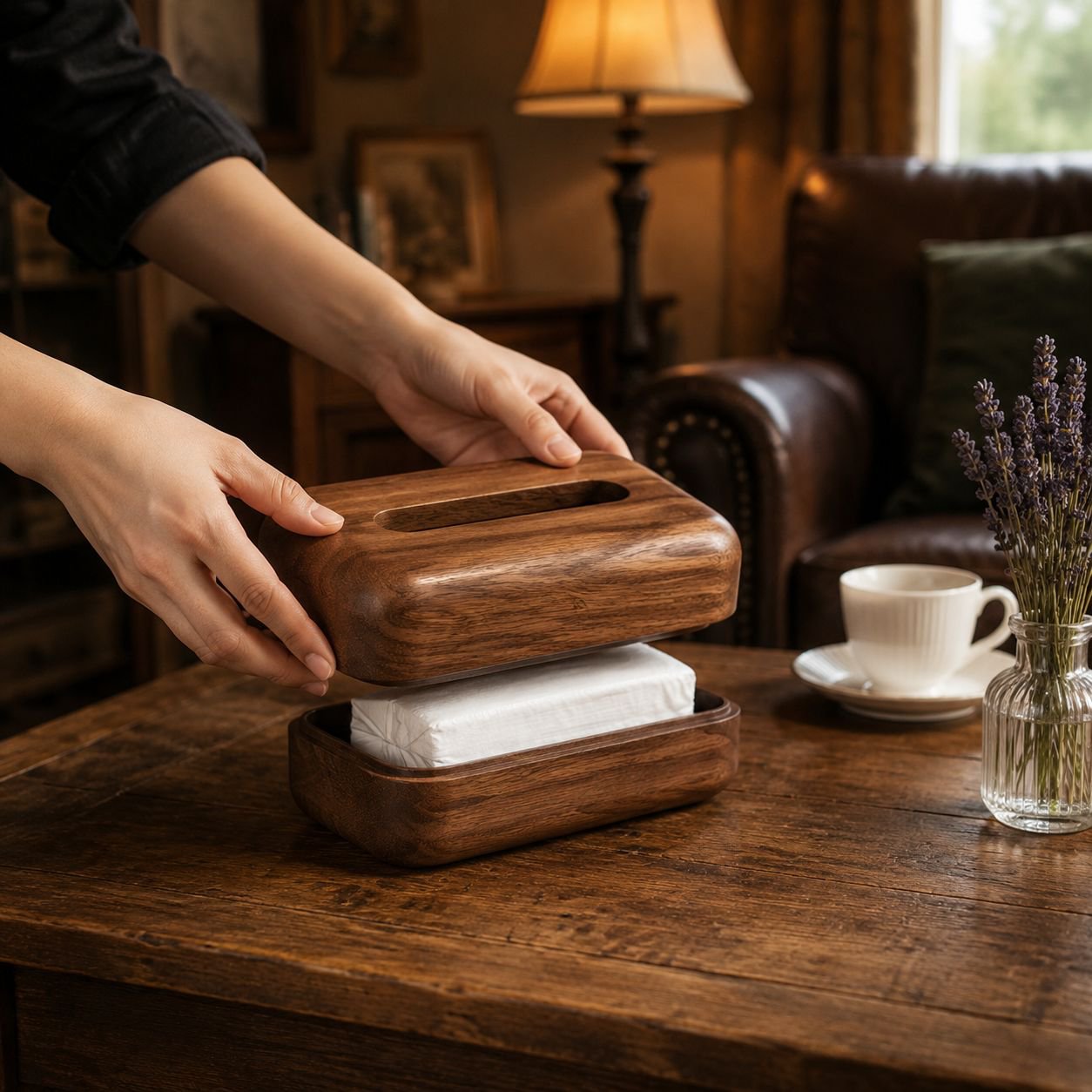 Elegant South American walnut tissue box on modern desktop