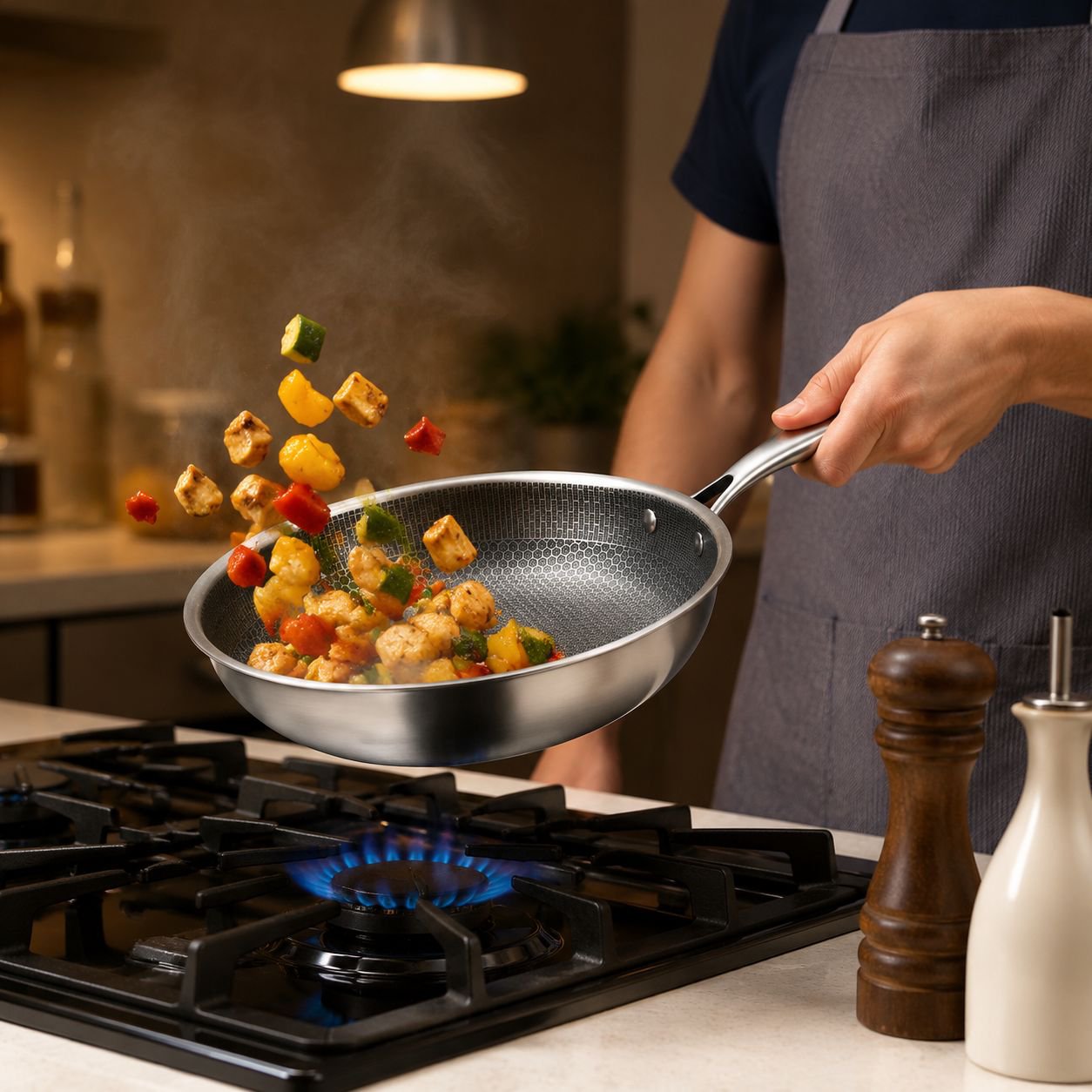 Easy-clean stainless steel steak pan in modern kitchen