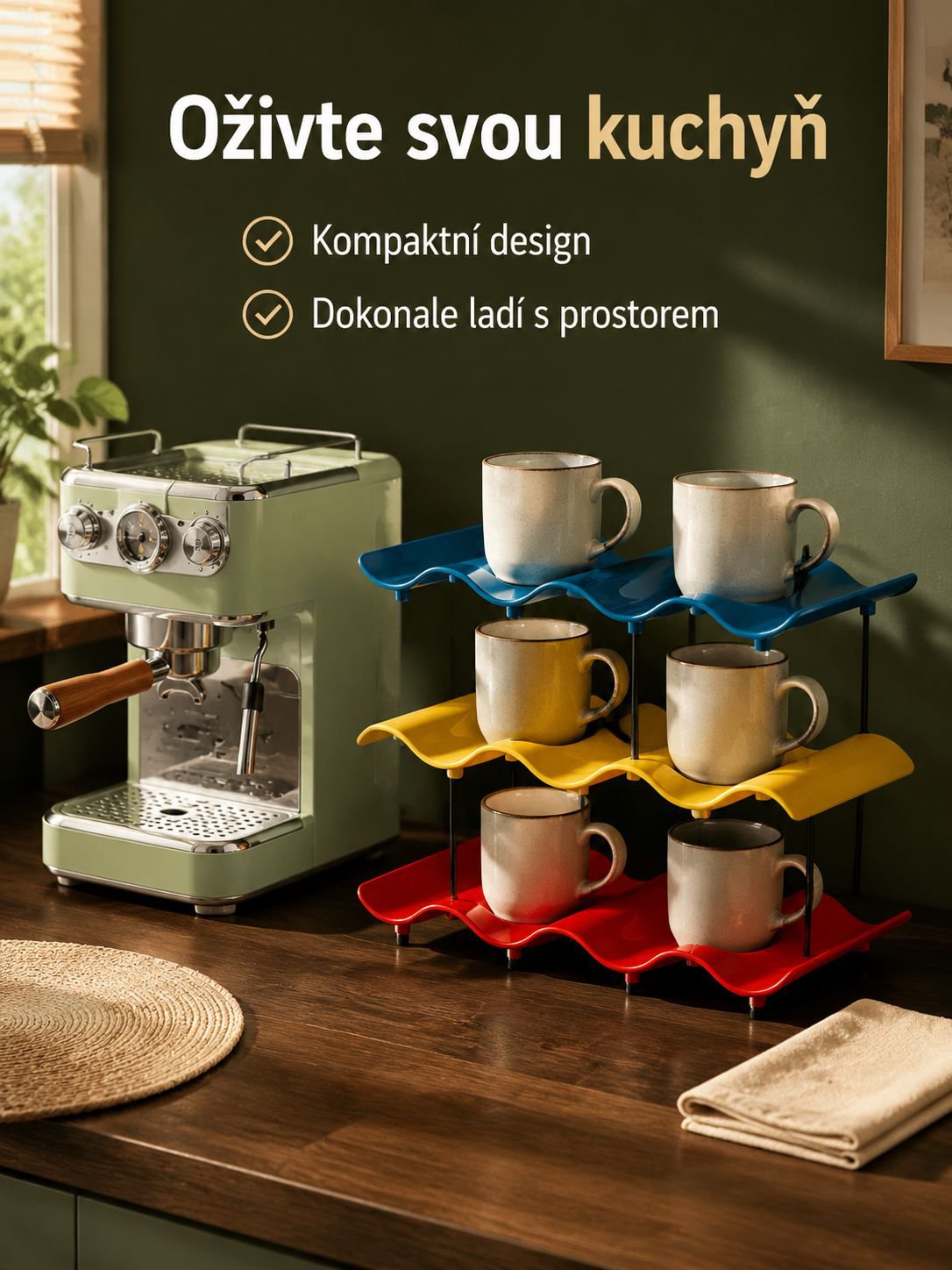 Vlnitý držák na šálky v moderní kuchyni