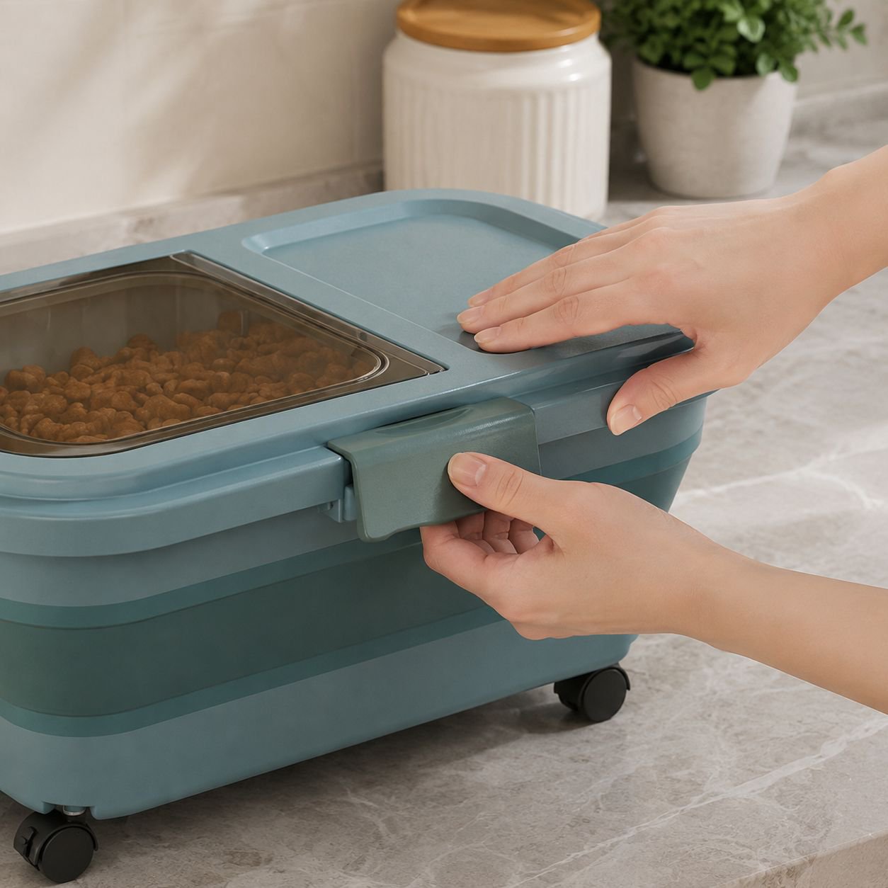 Foldable airtight grain storage container in kitchen setting