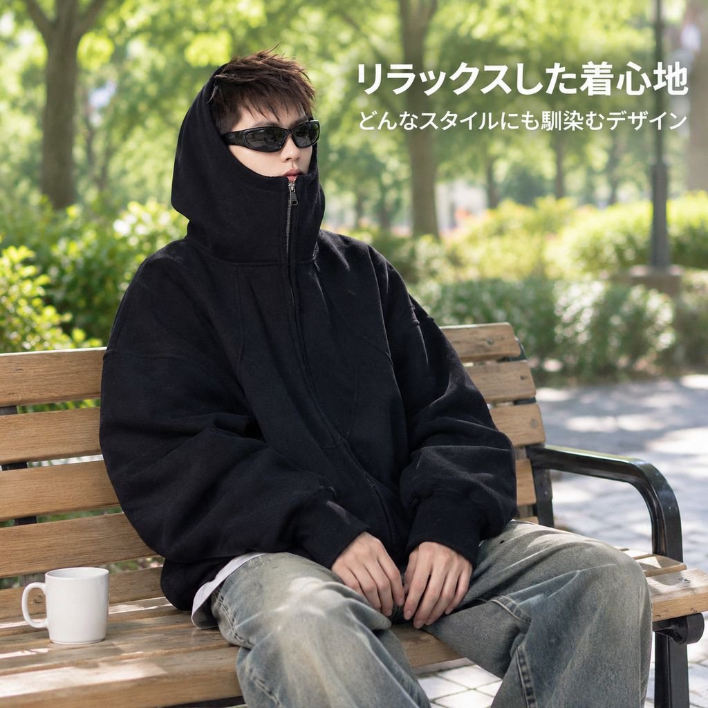 ハイストリートデザイン 切替フード付きスウェット メンズ 冬 裏起毛 ゆったりトレンドアウター