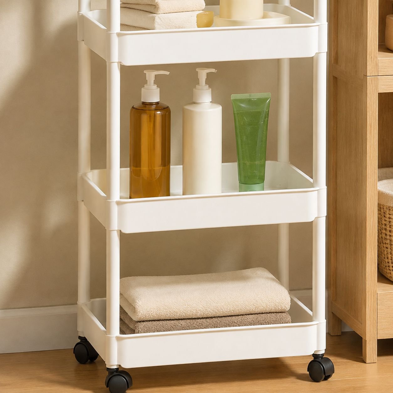 Rolling storage rack organizing bathroom essentials