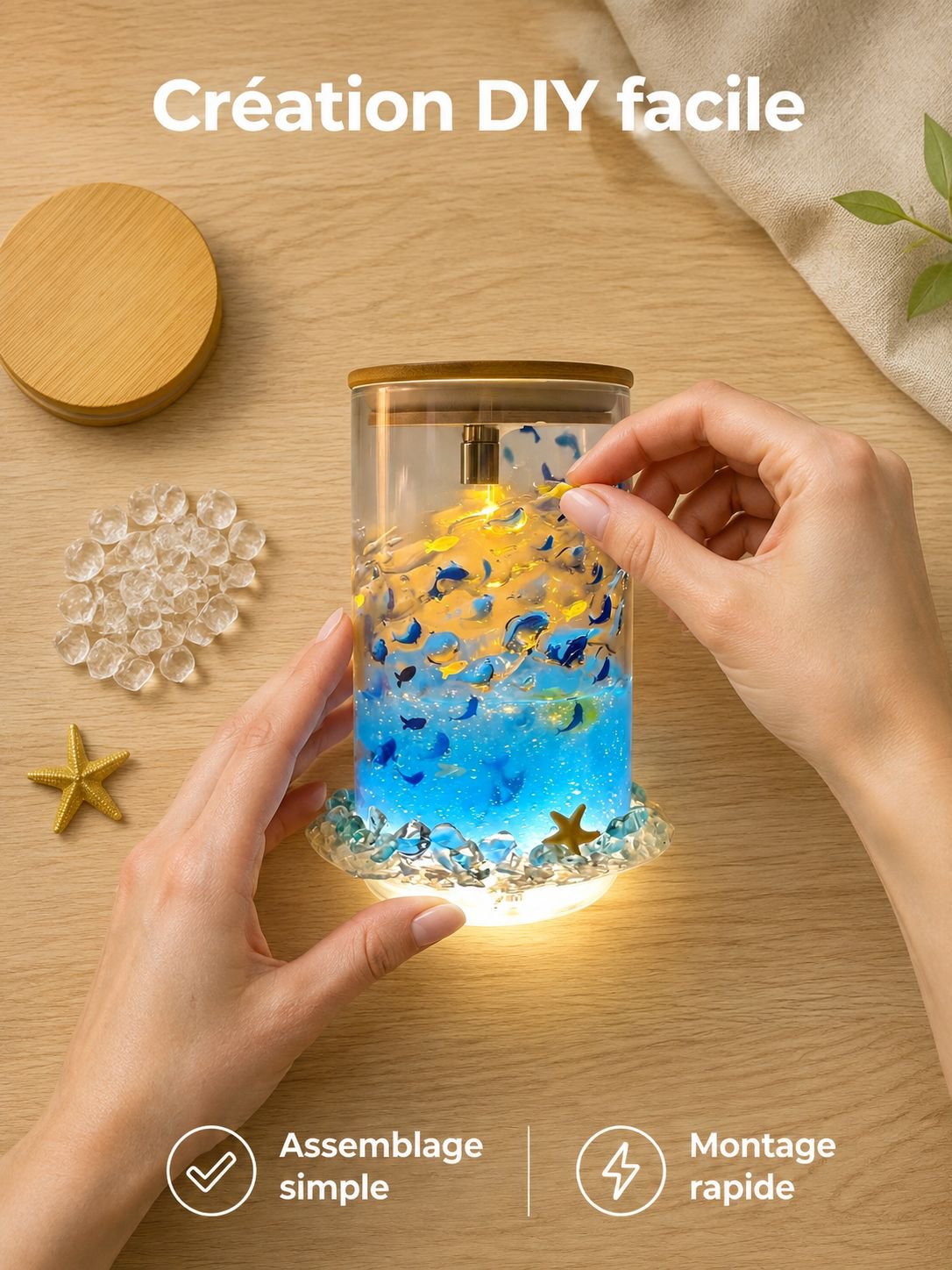Veilleuse lumineuse apaisante bleue avec petits poissons flottants