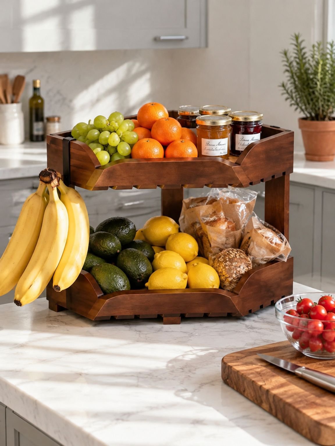 Étagère de rangement d'angle à deux niveaux pour fruits et légumes de cuisine