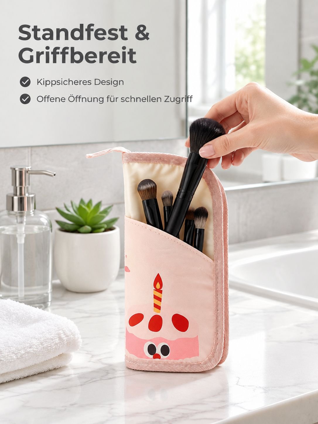 Tragbare Cartoon Make-up-Pinseltasche, für Zuhause und Reisen, Aufbewahrungstasche für Badezimmer