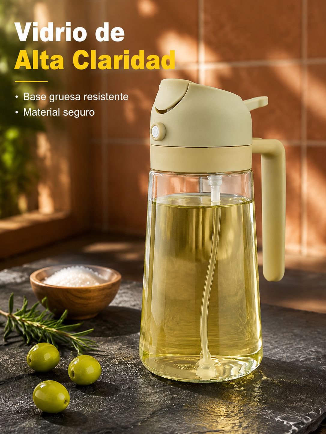 Recipiente de vidrio para aceite junto a utensilios de cocina
