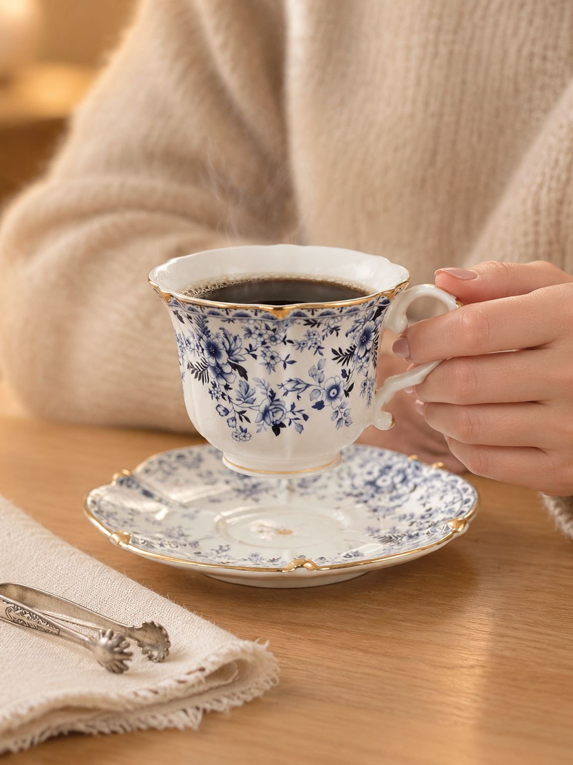 Vintage blue-and-white porcelain coffee cup and saucer set
