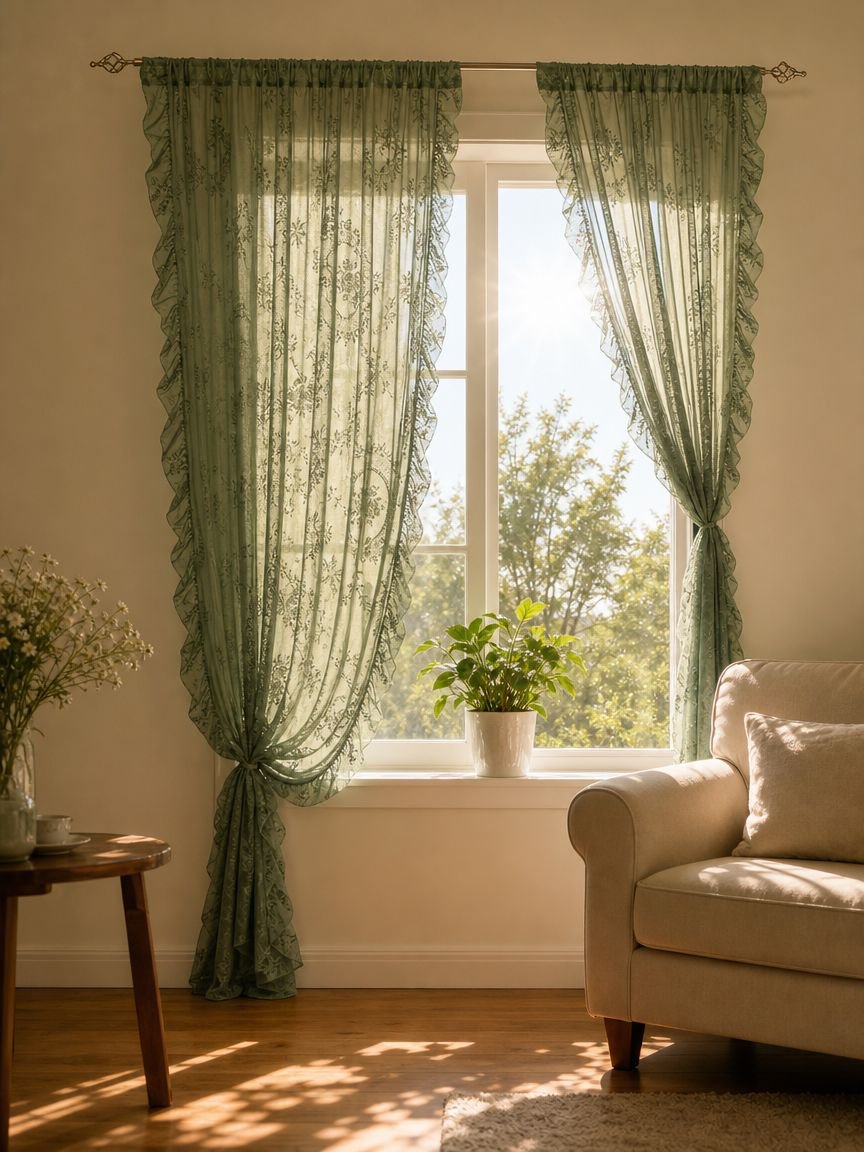 Halbverdunkelnde Landhausstil-Gardine mit zarter Spitze