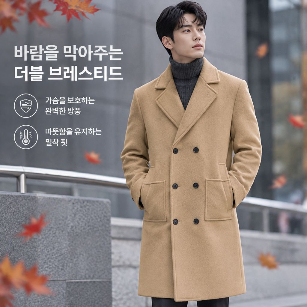 남성 더블버튼 미디 롱 모직 코트 트렌치 자켓